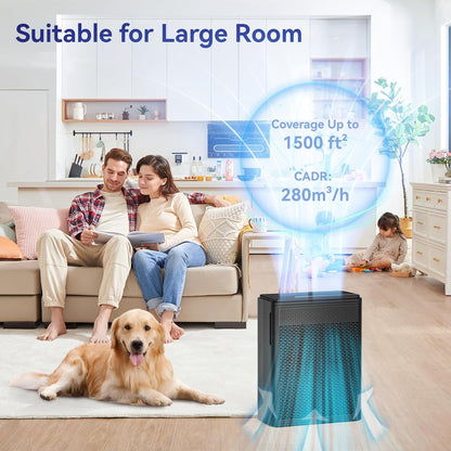 Air Purifiers for Home Pets Covers up to 1500 Sq Ft,H13 Hepa Filter with Washable Pre-Filter,Pet Hair Dander Smoke Air Cleaner,22 Db Quiet Sleep for Living Room Bedroom Kitchen,P280 (Black)