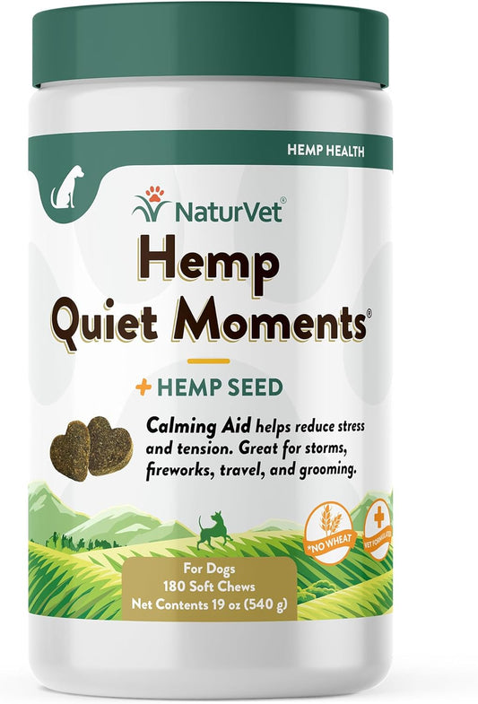 Quiet Moments Calming Aid Dog Supplement, Helps Promote Relaxation, Reduce Stress, Storm Anxiety, Motion Sickness for Dogs (Quiet Moments plus Hemp, 180 Soft Chews)