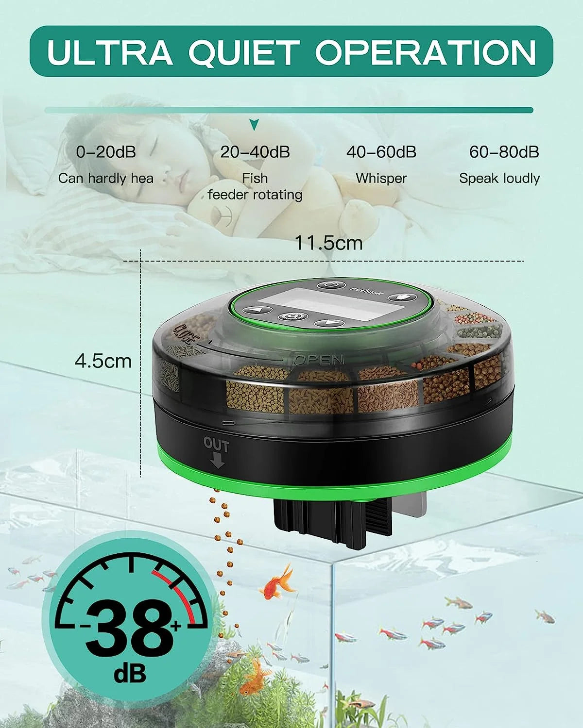 Automatic Fish Feeder for Aquarium, Rechargeable Fish Food Feeder Automatic Dispenser with Timer, Precise Feeding Auto Fish Feeder for Vacation, LCD Display