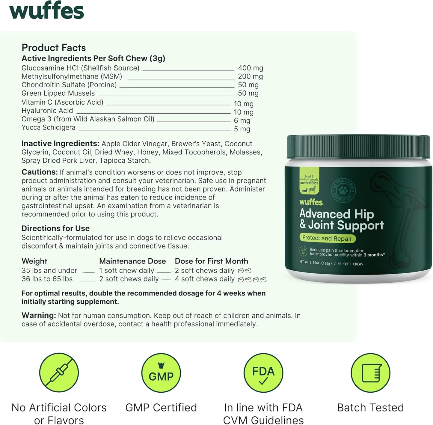 Advanced Dog Hip and Joint Supplement with Glucosamine, Chondroitin, Omega 3, MSM, and Green Lipped Mussel, 60 Pork Flavored Chews for Small and Medium Dog Breeds