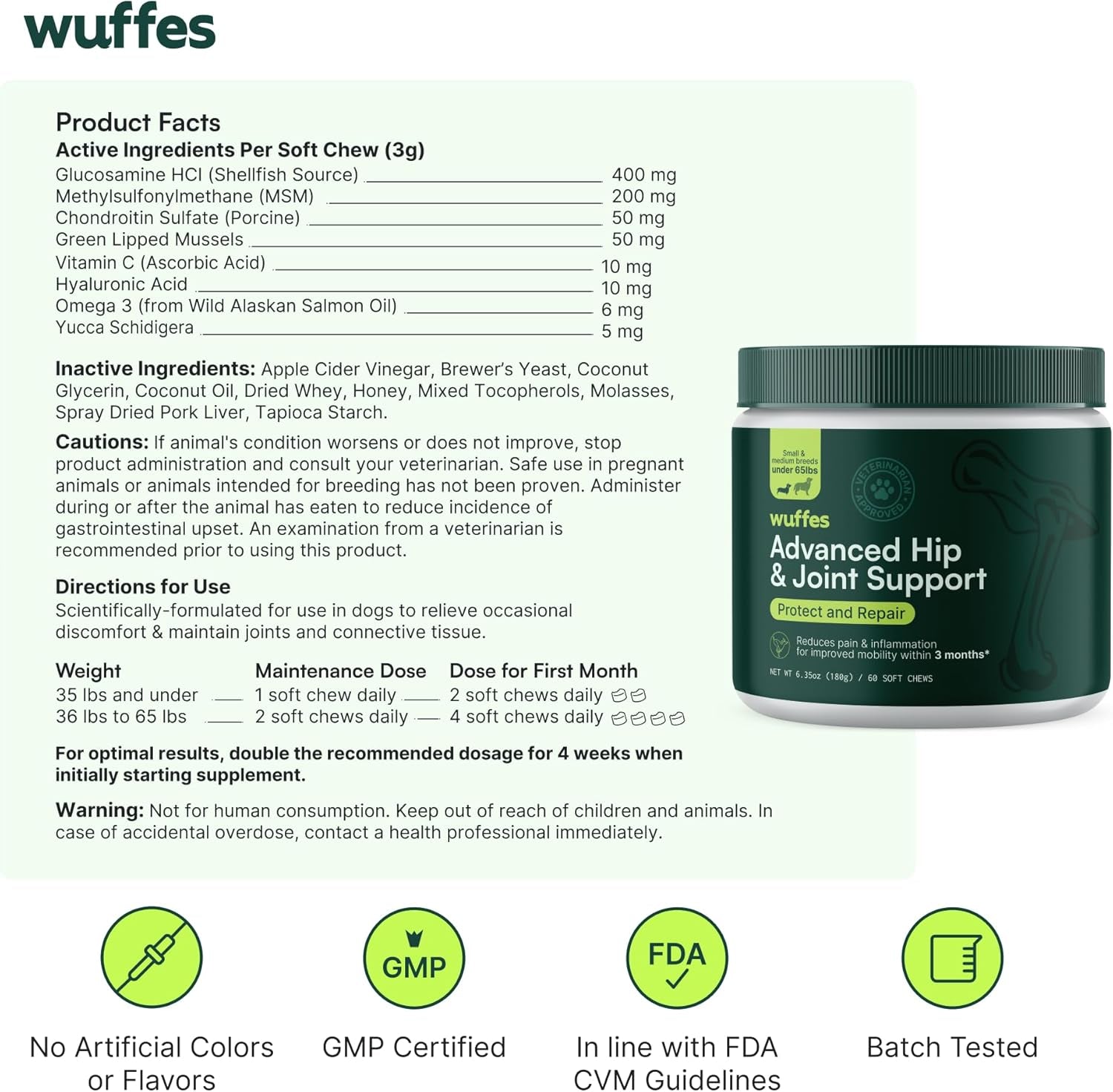 Advanced Dog Hip and Joint Supplement with Glucosamine, Chondroitin, Omega 3, MSM, and Green Lipped Mussel, 60 Pork Flavored Chews for Small and Medium Dog Breeds