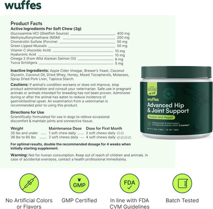 Advanced Dog Hip and Joint Supplement with Glucosamine, Chondroitin, Omega 3, MSM, and Green Lipped Mussel, 60 Pork Flavored Chews for Small and Medium Dog Breeds