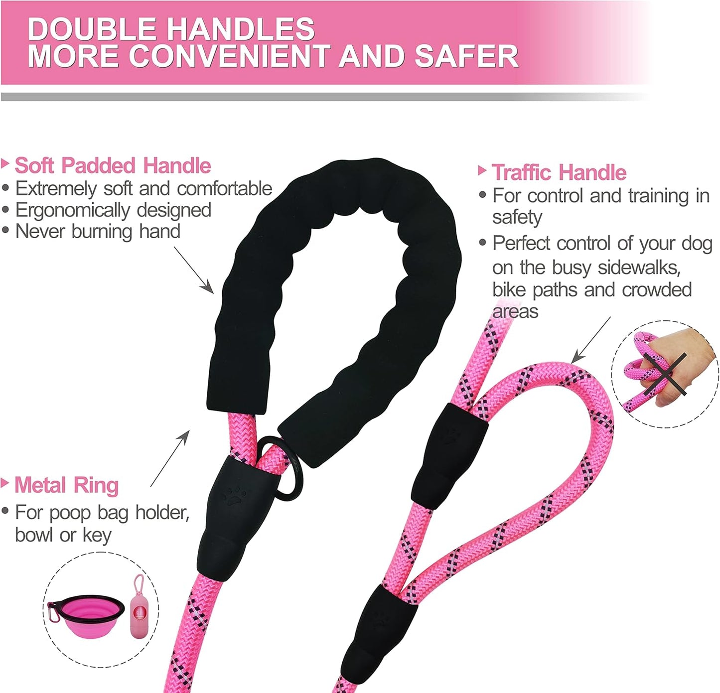 Dog Leash Heavy Duty 6Ft, Double Handle Dog Leash with Padded Handle for Traffic Control, Reflective Rope Leashes for Large and Medium Dogs Control Safety Training at Night (Pink)