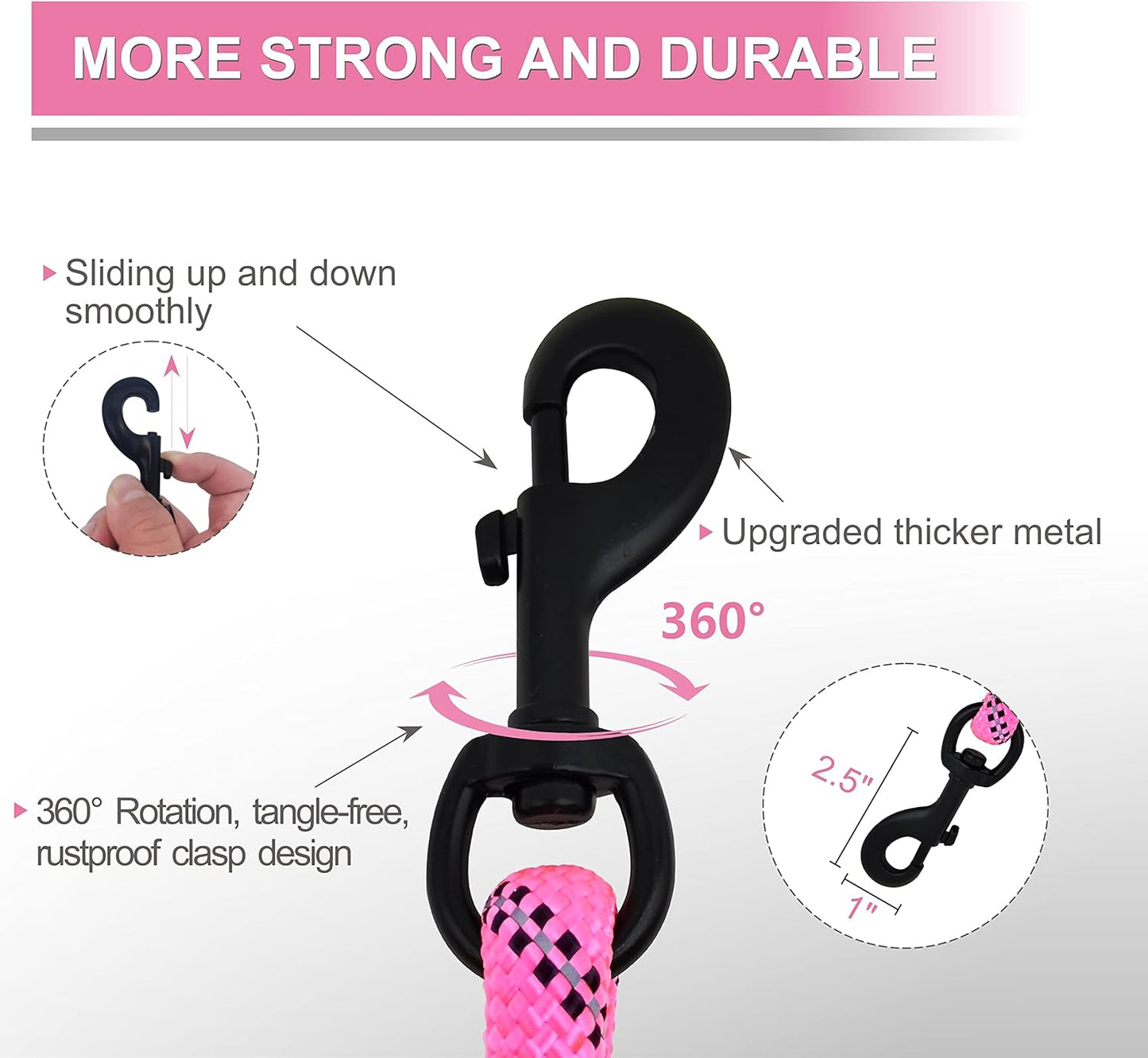 Dog Leash Heavy Duty 6Ft, Double Handle Dog Leash with Padded Handle for Traffic Control, Reflective Rope Leashes for Large and Medium Dogs Control Safety Training at Night (Pink)