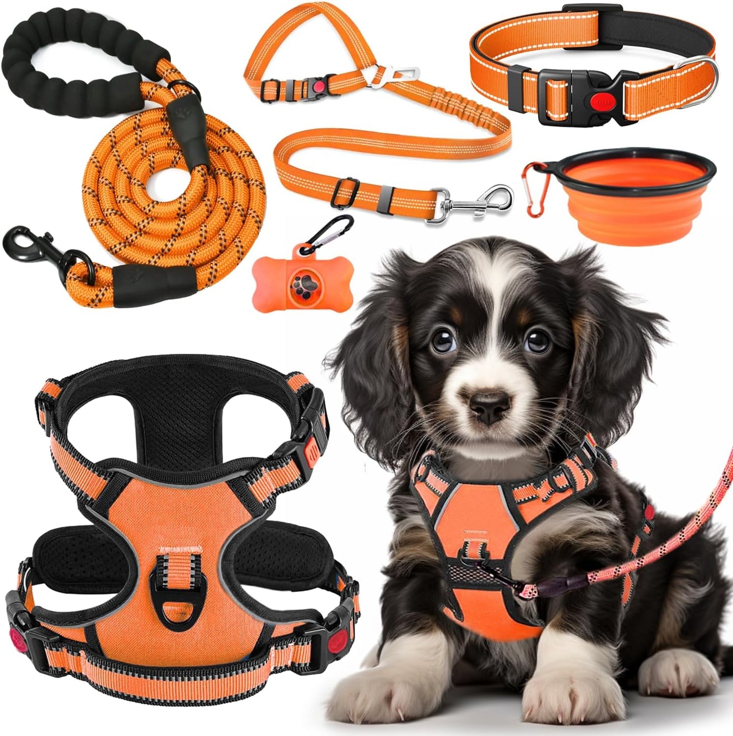 No Pull Dog Harness, Collar & Leash Set | Includes Dog Seat Belt, Collapsible Bowls & Poop Bag Dispenser. Ideal for Training, Walking, Hiking. Fits Small to Large Dogs(Pink-L)