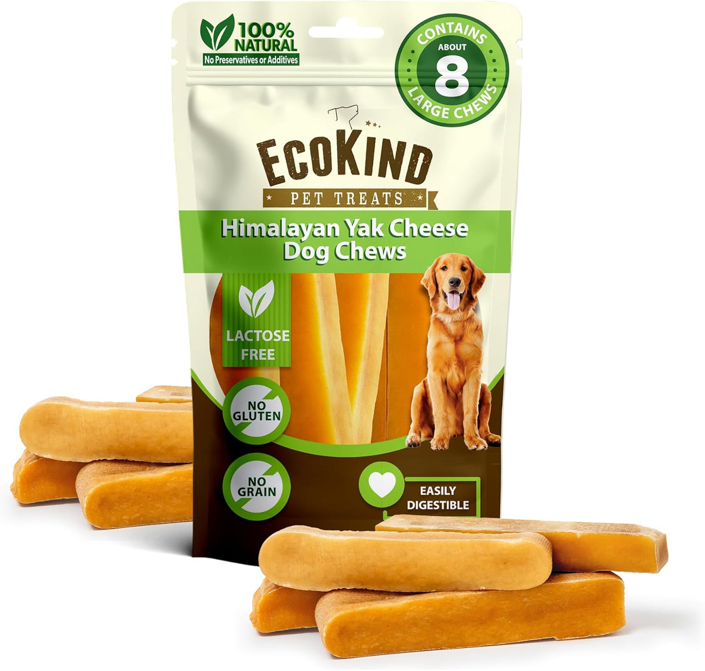 Ecokind Himalayan Yak Cheese Dog Chew | Great for Dogs, Treat for Dogs, Keeps Dog Busy & Enjoying, Indoors & Outdoor Use (8 Small Sticks)