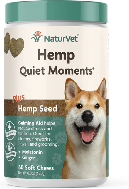 Quiet Moments Calming Aid Dog Supplement, Helps Promote Relaxation, Reduce Stress, Storm Anxiety, Motion Sickness for Dogs (Quiet Moments plus Hemp, 180 Soft Chews)