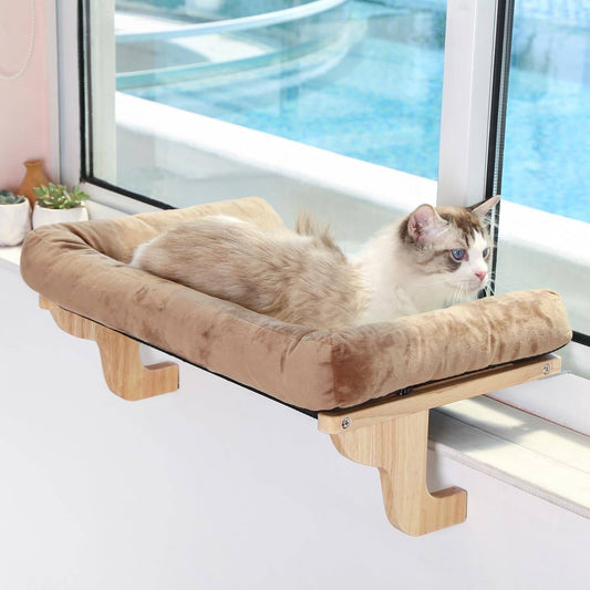 Cat Perch for Window Sill with Bolster - Orthopedic Hammock Design with Premium Hardwood & Robust Metal Frame - Cat Window Seat for Large Cats and Kittens - Dark Stained Wood with Brown Bed