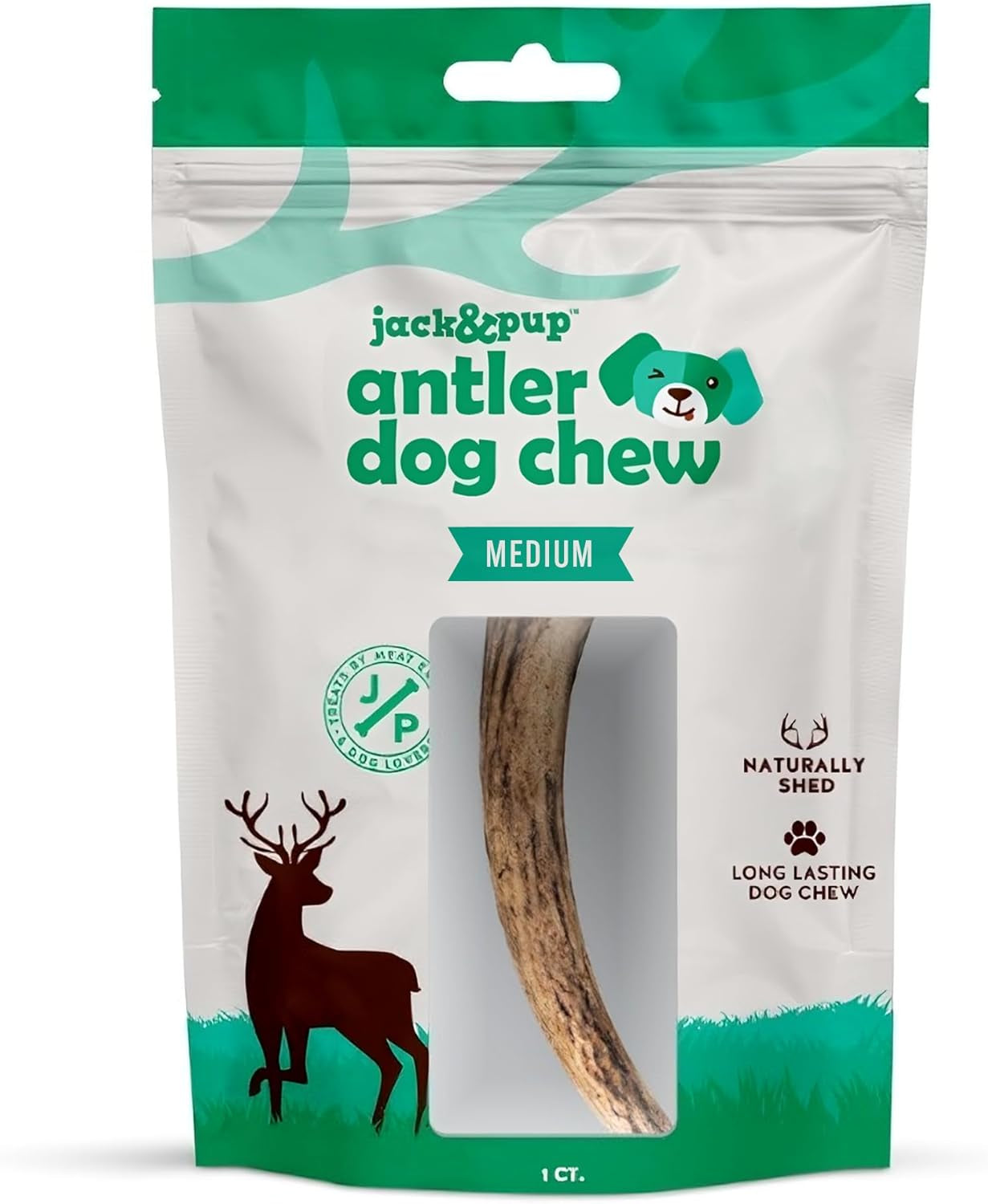 Jack&Pup Whole Elk Antlers for Dogs Large | Naturally Shed Rawhide Free Dog Chews Long Lasting Elk Horns for Dogs | Dog Antlers for Aggressive Chewers (1 Medium Antler)