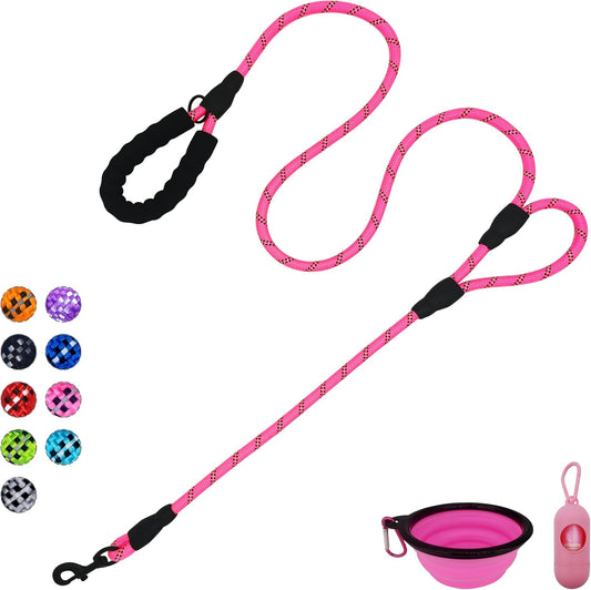 Dog Leash Heavy Duty 6Ft, Double Handle Dog Leash with Padded Handle for Traffic Control, Reflective Rope Leashes for Large and Medium Dogs Control Safety Training at Night (Pink)