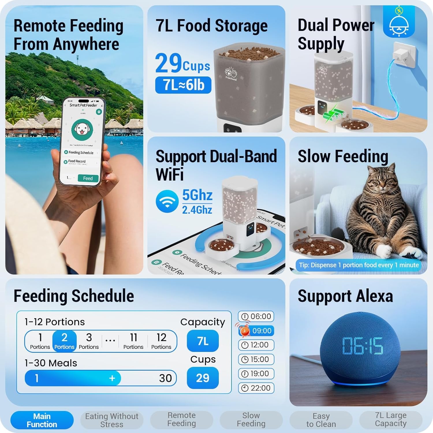 Automatic Cat Feeder with Slow Feed for 2 Cats: 5G Wifi Automatic Dog Feeder with 7L Large Food Storage, Cat Food Dispenser with Alexa for Multiple Pets, Detachable for Easy Cleaning -29 Cup