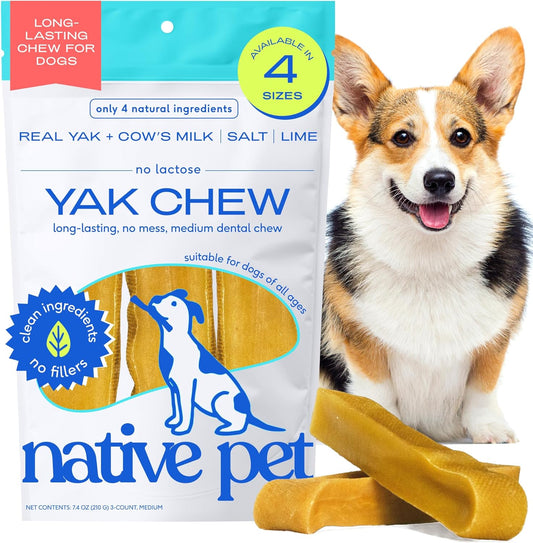 Yak Cheese Himalayan Dog Chews - Long Lasting Dental Sticks for Medium Breeds – 100% All Natural Himalayan Yak Chews for Medium Dogs – Cheese Bone for Aggressive Chewers - 3 per Pack