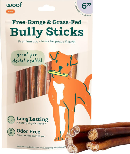 Bully Sticks Dog Treats - Chew Sticks for Dogs - Long-Lasting Dog Chew Treats - Dog Products Made with Free-Range, Grass-Fed Beef - 6" Sticks - 5Pk