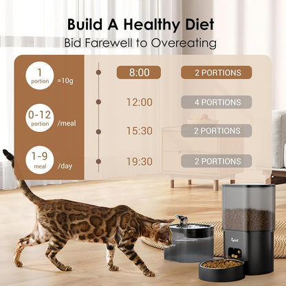 Automatic Cat Feeder and Water Fountain,  3L Wifi Timed Pet Food Dispenser and 2.5L Water Dispenser with APP for Cats and Dogs, Voice Recorder, Stainless Steel Bowl, Low Noise, Dual Power Supply