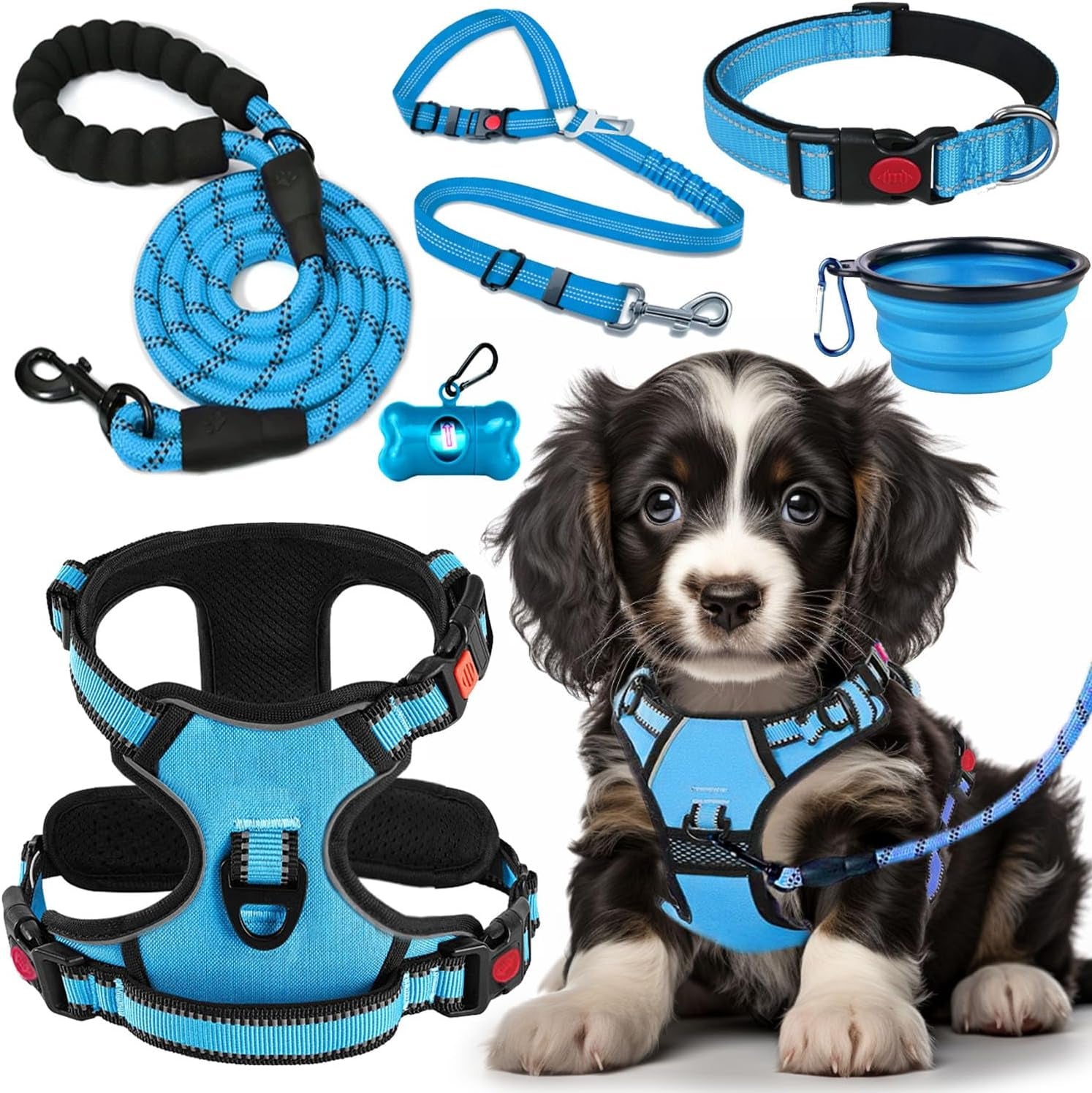 No Pull Dog Harness, Collar & Leash Set | Includes Dog Seat Belt, Collapsible Bowls & Poop Bag Dispenser. Ideal for Training, Walking, Hiking. Fits Small to Large Dogs(Pink-L)