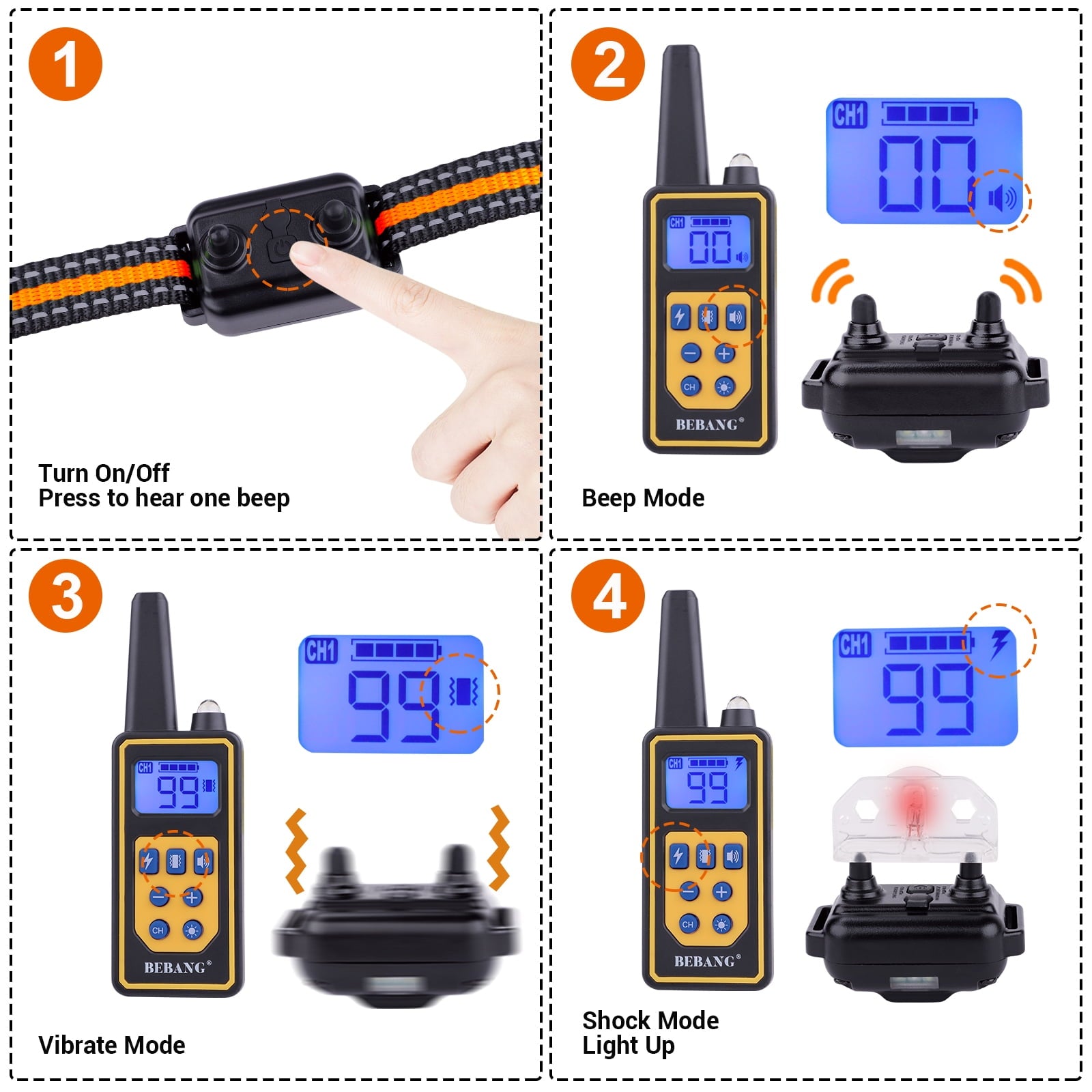 2600FT Dog Training Collar, Dog Shock Collar with Remote, 3 Modes Beep Vibration Shock, Waterproof, LED Light, Rechargeable Dog Shock Collar for Training Small Medium Large Dogs