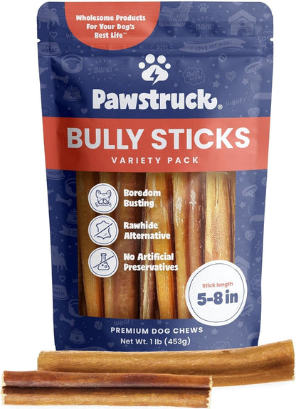 Natural 5-8" Bully Sticks for Dogs - Best Long-Lasting, Rawhide-Free, Low Odor Dental Chew Treat - Healthy Single Ingredient, 100% Real Beef - 8 Oz Bag - Packaging May Vary