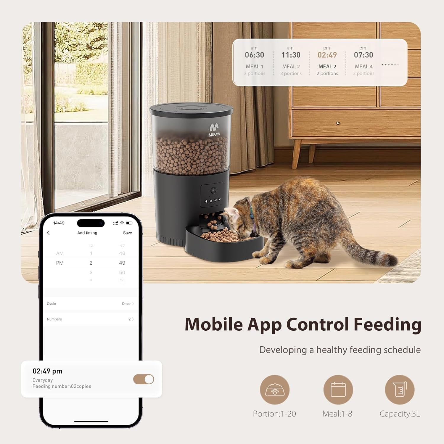 Automatic Cat Feeder with Camera, APP Remote Control, Programmable Food Dispenser, 2-Way Audio, Timed Cat Feeders for Dry Food, 1-8 Meals per Day for Pets, 10S Voice Recorder(Support 2.4Ghz Wifi)