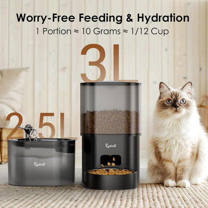 Automatic Cat Feeder and Water Fountain,  3L Wifi Timed Pet Food Dispenser and 2.5L Water Dispenser with APP for Cats and Dogs, Voice Recorder, Stainless Steel Bowl, Low Noise, Dual Power Supply